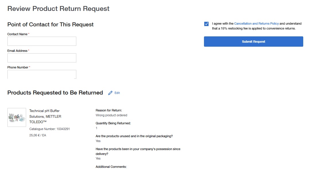 Select the Products You Wish to Return page on Fisher Scientific's website with shipping info, return eligibility, and return restrictions. Includes fields for reason, quantity, product condition, and photo upload. 'Continue' button at the top right.