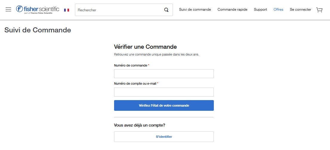 Order Status page on Fisher Scientific's website for checking a single order. Includes input fields for order number and zip code, and a button to check order status. Sign In option is available.