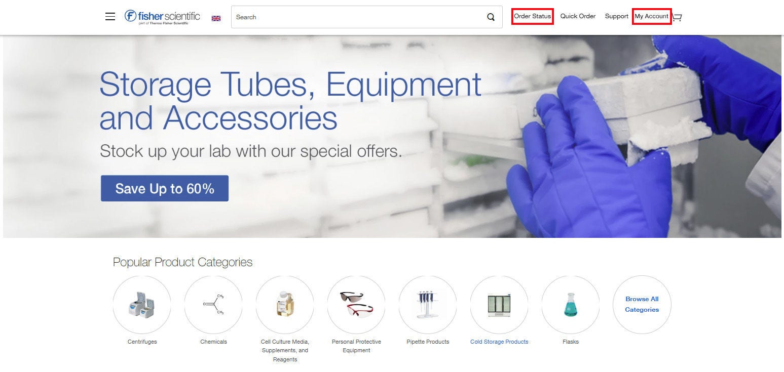 Order Details page on Fisher Scientific's website with order and shipment information. Includes options to manage notifications, reorder items, and view packing slips, invoice, and proof of delivery. Note mentions return period has ended.