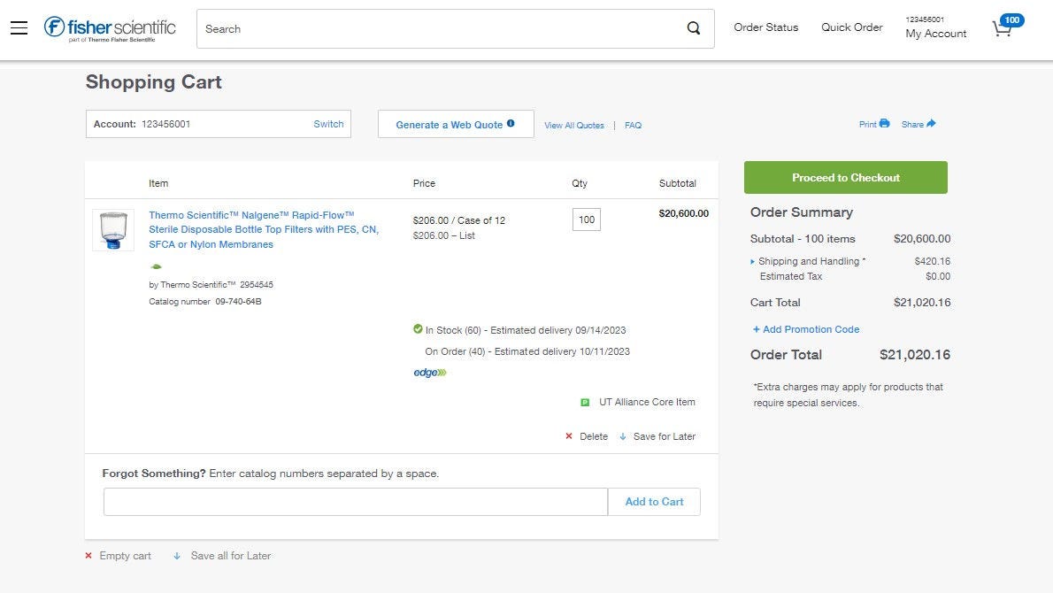 Shopping Cart page on Fisher Scientific's website with account options, item details, and links to delete or save items. Includes a prompt to add catalog numbers, and options to empty cart or save all for later. Order summary displays subtotal, shipping, tax, and total with a button to proceed to checkout.