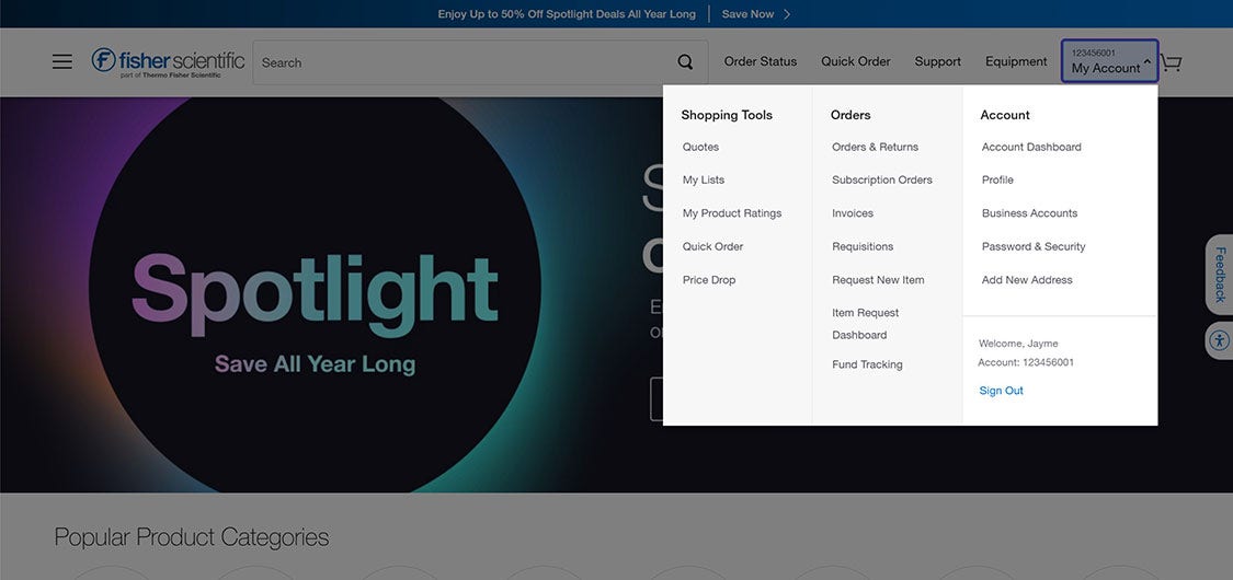 Fisher Scientific 'My Account' dropdown menu with options for Shopping Tools, Orders, and Account.