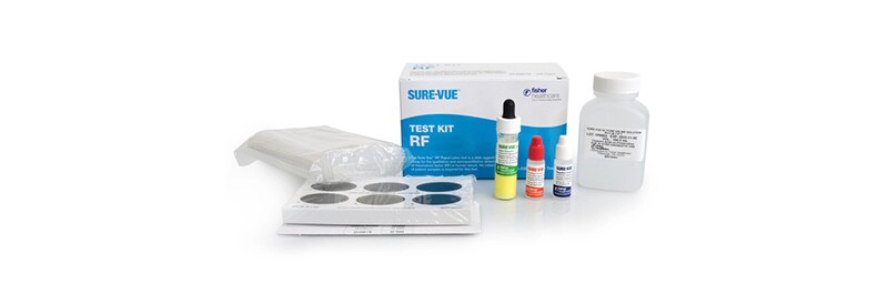 A medical testing kit with various components, including vials, a bottle, and a testing tray, all packaged in a box.