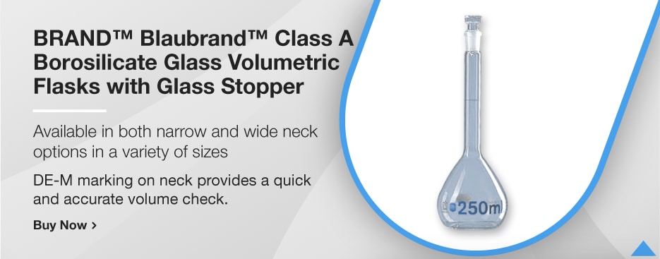 BRAND™ Blaubrand™ Class A Borosilicate Glass Volumetric Flasks with Glass Stopper BRAND™ Blaubrand™ Class A Borosilicate Glass Volumetric Flasks with Glass Stopper